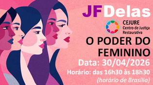 Composição visual 	•	No lado esquerdo, há três rostos humanos estilizados, vistos de perfil, sobrepostos. 	◦	Os rostos são minimalistas, com formas suaves e contornos simples. 	◦	Cada rosto aparece em uma tonalidade diferente (azul escuro, rosa e coral), criando contraste e profundidade. 	◦	O fundo nessa área tem um degradê rosado, reforçando a unidade visual. 	•	No lado direito, o fundo é mais claro (rosa claro), destacando o conteúdo textual.  Textos presentes na imagem O texto está organizado de forma hierárquica e legível: 	•	No topo: 	◦	“JF Delas” (em destaque, com “JF” em roxo e “Delas” em branco/rosa claro) 	•	Logo abaixo: 	◦	CEJURE 	◦	Centro de Justiça Restaurativa (Acompanham um pequeno logotipo circular com cores variadas) 	•	Título central, em grande destaque: 	◦	“O PODER DO FEMININO” (Todo em letras maiúsculas, com forte peso visual) 	•	Informações do evento, mais abaixo: 	◦	Data: 30/04/2026 	◦	Horário: das 16h30 às 18h30 	◦	(horário de Brasília)